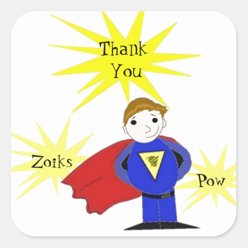 Cartoon Super Hero Thank You Square Sticker