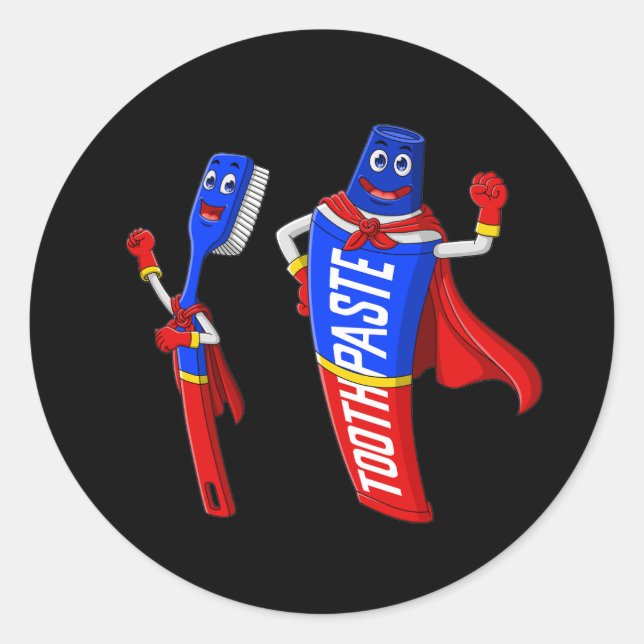 cartoon super hero toothbrush and toothpaste classic round sticker (Front)