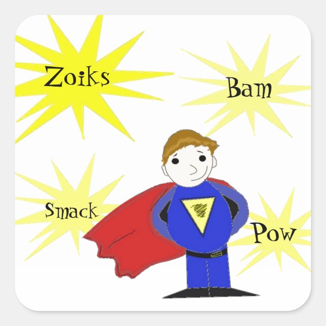 Cartoon Super Hero with Action Words Square Sticker (Front)