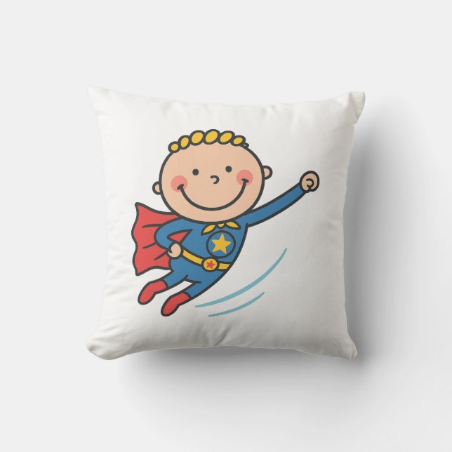 Cartoon Superhero Boy Flying Kids T-Shirt Throw Pillow (Front)