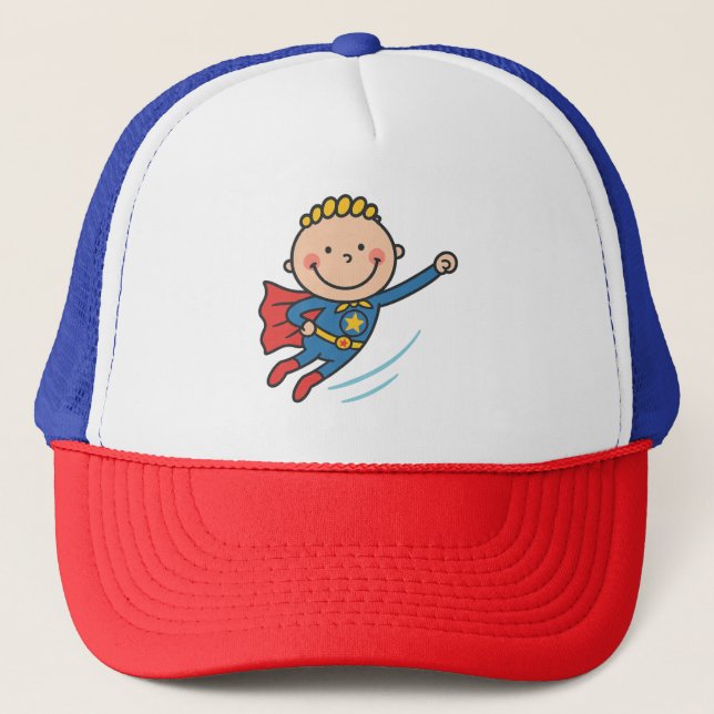 Cartoon Superhero Boy Flying Kids T-Shirt Trucker Hat (Front)