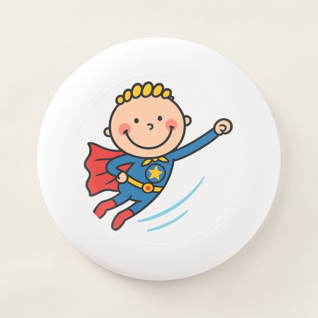 Cartoon Superhero Boy Flying Kids T-Shirt Wham-O Frisbee (Front)