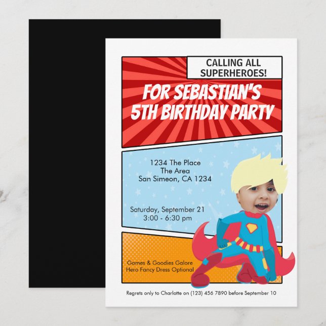 Cartoon Superhero Comic Birthday Party (blond) Invitation (Front/Back)