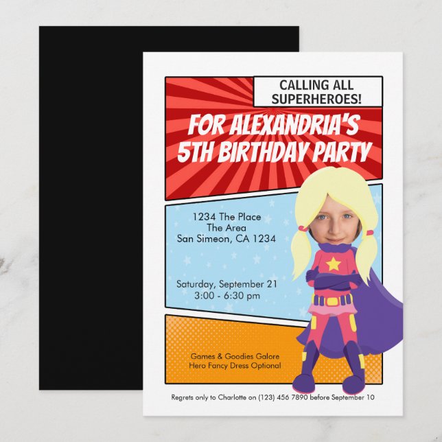 Cartoon Superhero Comic Birthday Party (blond) Invitation (Front/Back)