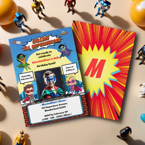 Cartoon Superhero Photo Birthday Party Invitation