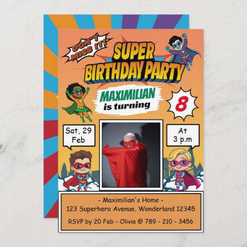 Cartoon Superhero theme Boys Photo Birthday Party Invitation