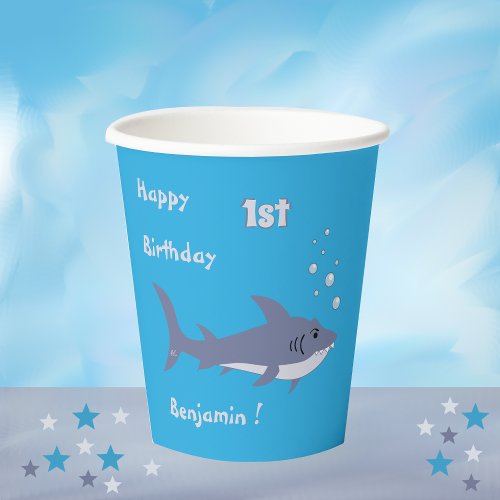 Cartoon Swimming Shark Blue Birthday Paper cup