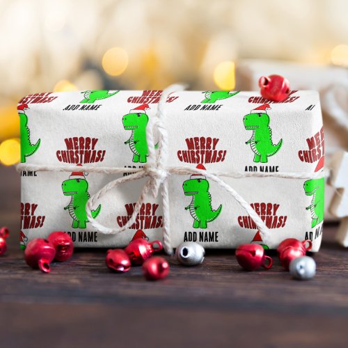 Cartoon T Rex Cute Dino Santas Christmas Hat Wrapping Paper