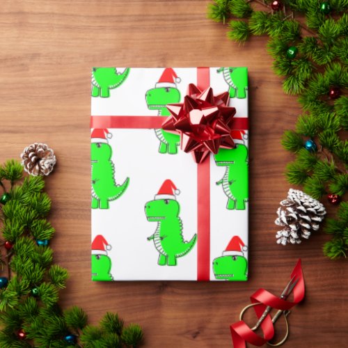Cartoon T Rex Cute Dino Santas Christmas Hat Wrapping Paper
