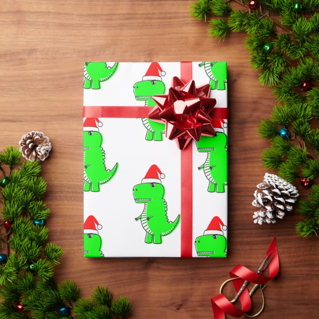 Cartoon T Rex Cute Dino Santas Christmas Hat Wrapping Paper (Holiday Gift)