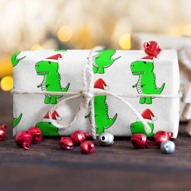 Cartoon T Rex Cute Dino Santas Christmas Hat Wrapping Paper Sheets (Creator Uploaded)
