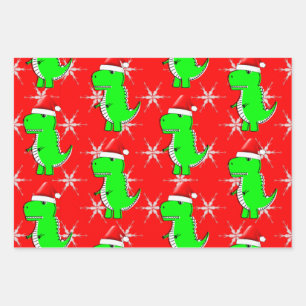 Cartoon T Rex Cute Dino Santas Christmas Hat Wrapping Paper Sheets