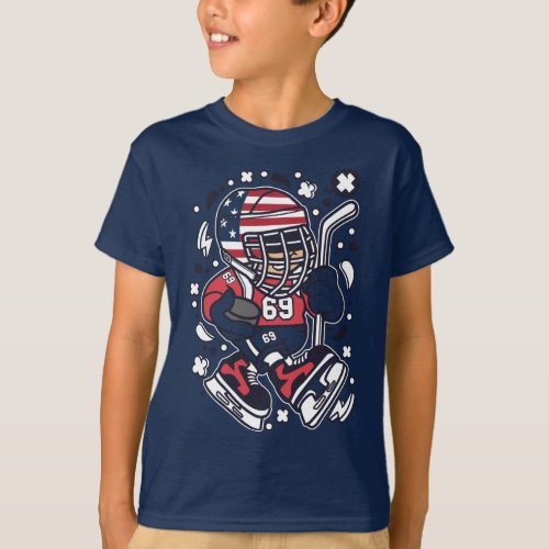 Cartoon T_Shirt American Hockey Kid