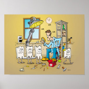 Cartoon; tanden op controle bij de tandarts poster