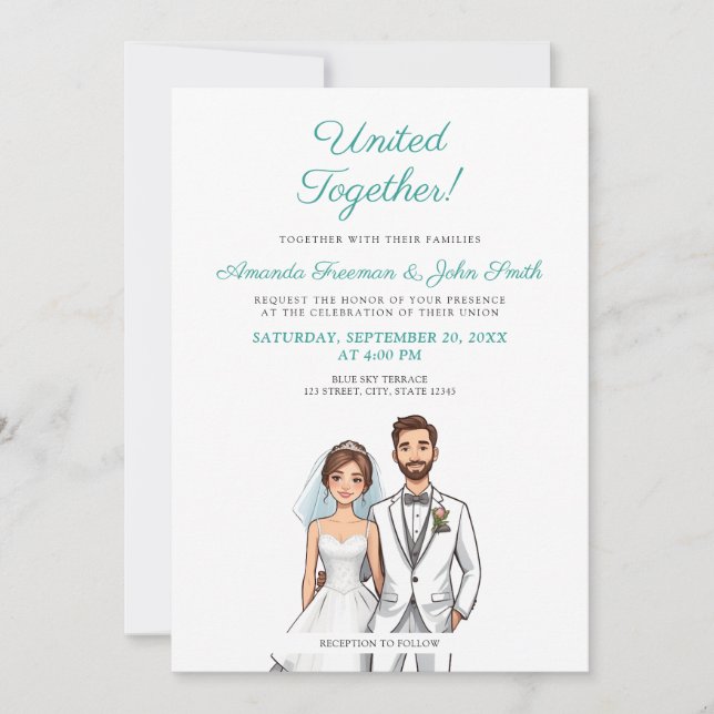 Cartoon Teal & White Photo Personalized Wedding Invitation (Front)