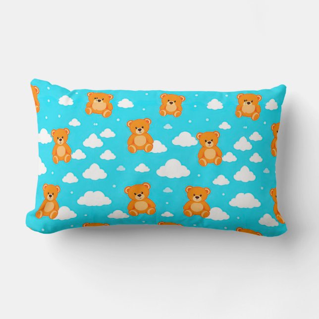 Cartoon Teddy Bears with Clouds on Blue Background Lumbar Pillow (Front)