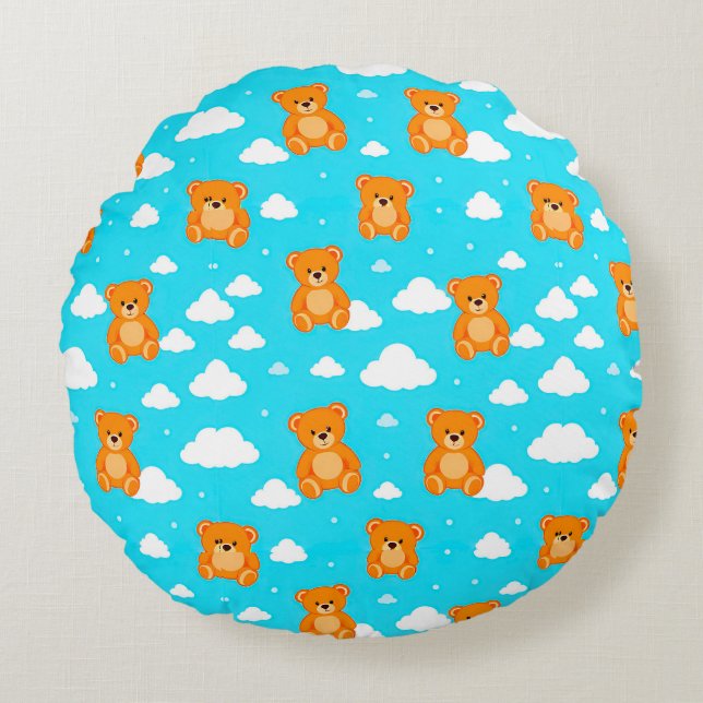 Cartoon Teddy Bears with Clouds on Blue Background Round Pillow (Front)