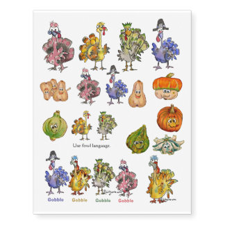 Cartoon Thanksgiving Turkeys and Squash Temporary Tattoos