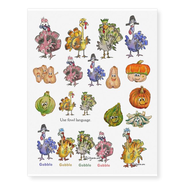 Cartoon Thanksgiving Turkeys and Squash Temporary Tattoos (Front)