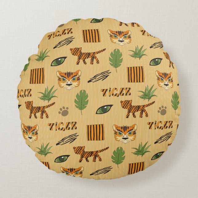 Cartoon Tiger: Cheerful Children's Pattern. Round Pillow (Front)