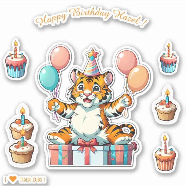 Cartoon Tiger Cub - Happy Birthday Personalized Sticker (Front)