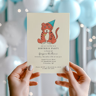 Cartoon Tiger in a Party Hat Vintage Birthday Invitation