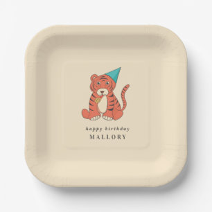 Cartoon Tiger in a Party Hat Vintage Birthday Paper Plates