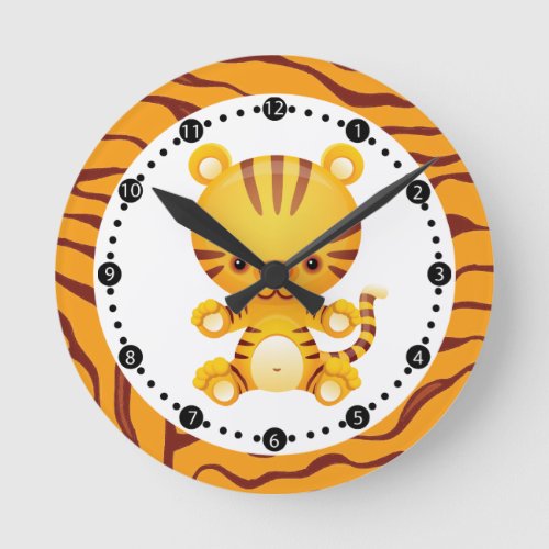 Cartoon Tiger with Tiger Print Round Clock