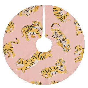 Cartoon tigers, pink vintage pattern. brushed polyester tree skirt