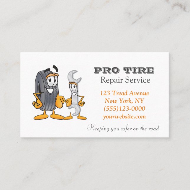 Cartoon Tire Design Auto Repair Service Business Card (Front)