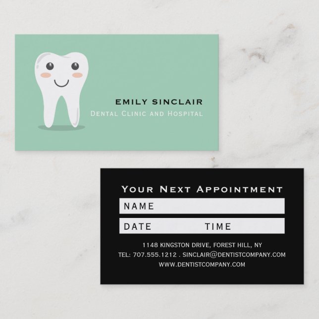 Cartoon Tooth Logo, Dentist Appointment Business Card (Front/Back)
