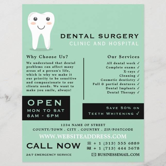 Cartoon Tooth Logo, Dentistry, Dentist Advertising Flyer (Front)