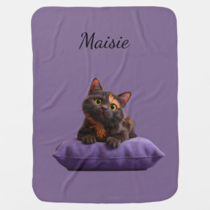Cartoon Tortoiseshell Kitten on Purple Cushion Baby Blanket