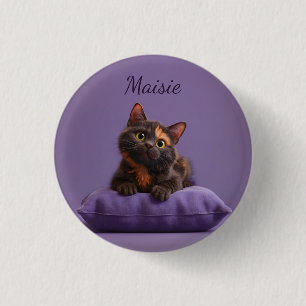 Cartoon Tortoiseshell Kitten on Purple Cushion Button
