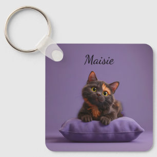 Cartoon Tortoiseshell Kitten on Purple Cushion Keychain