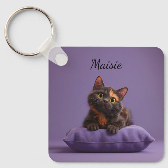 Cartoon Tortoiseshell Kitten on Purple Cushion Keychain (Front)