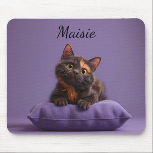 Cartoon Tortoiseshell Kitten on Purple Cushion Mouse Pad