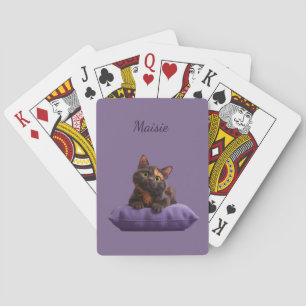 Cartoon Tortoiseshell Kitten on Purple Cushion Poker Cards