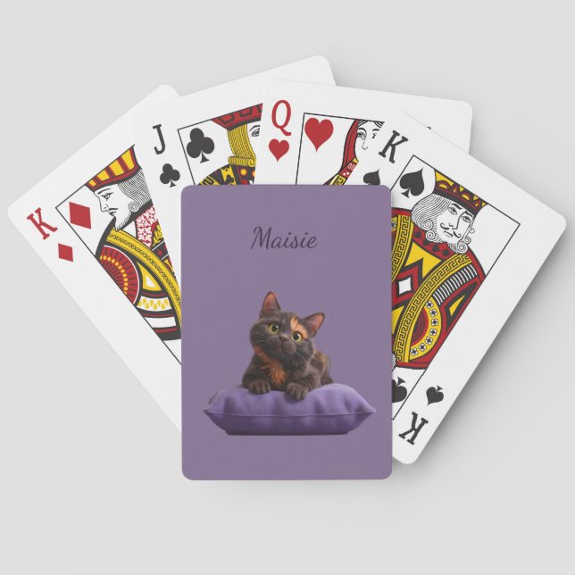 Cartoon Tortoiseshell Kitten on Purple Cushion Poker Cards (Back)
