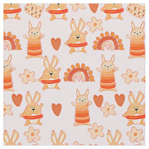  Cartoon Toy Rabbit Bunnies & Rainbow on Pink Fabric