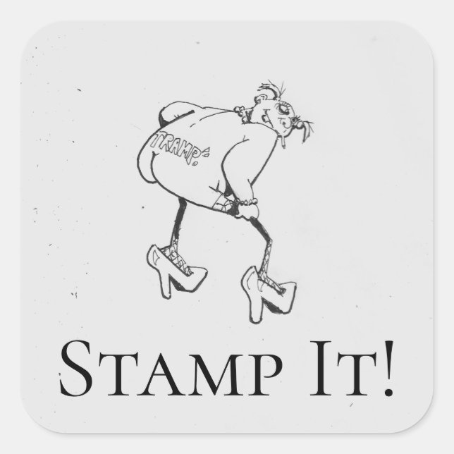Cartoon Tramp Stamp! Funny Black, White Square Sticker (Front)