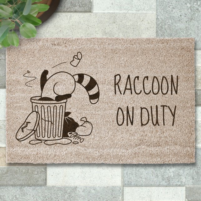 Cartoon Trash Can Raccoon Custom Text Fiber Doormat (Creator Uploaded)