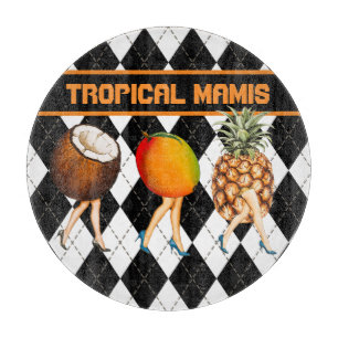 Cartoon Tropical Fruits Ladies On Black & White  C Cutting Board