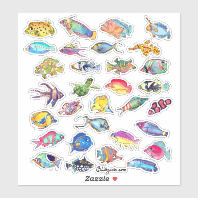 Cartoon Tropical Reef  Fish 2 Watercolor Sticker (Sheet)
