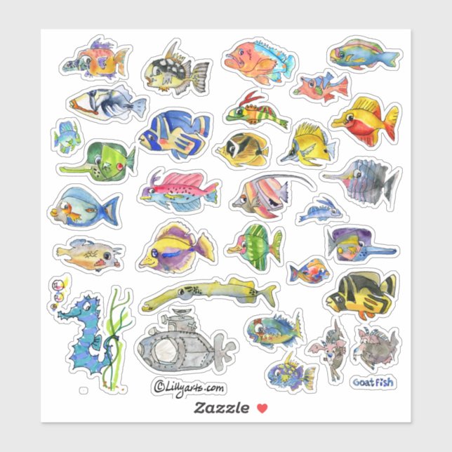 Cartoon Tropical Reef  Fish 3 Watercolor Sticker (Sheet)