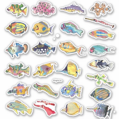 Cartoon Tropical Reef Fish Watercolor Contour Sticker