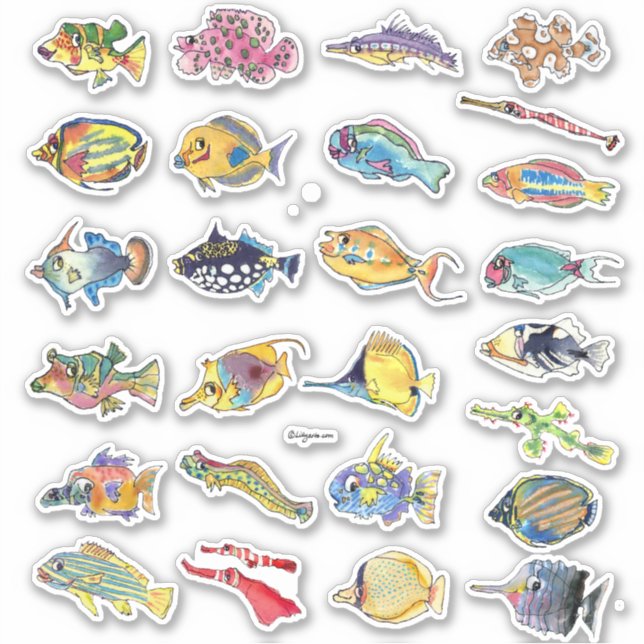 Cartoon Tropical Reef Fish Watercolor Contour Sticker (Front)