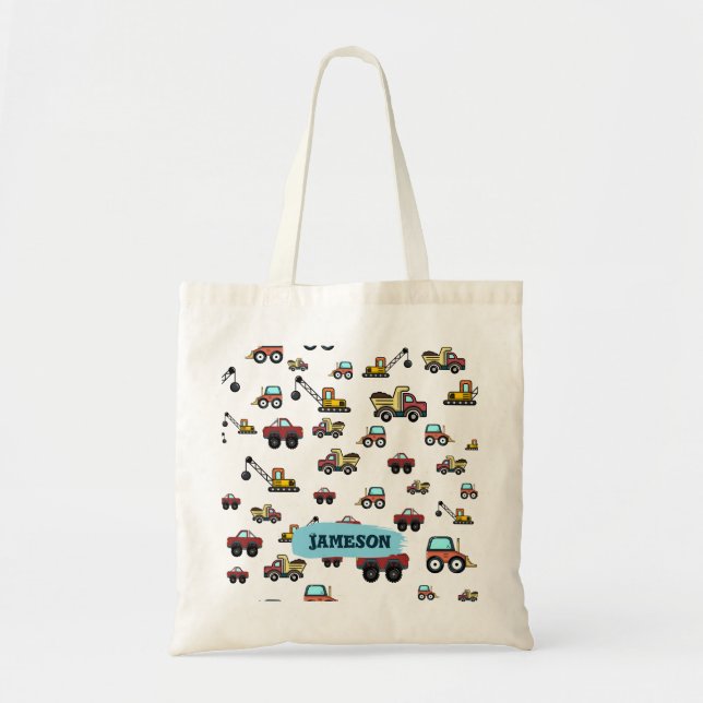 Cartoon Truck Car Crane Vehicle Name Personalized  Tote Bag (Front)