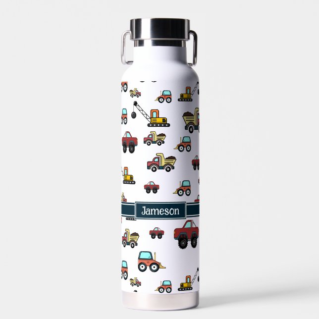 Cartoon Truck Car Crane Vehicle Name Personalized Water Bottle (Front)