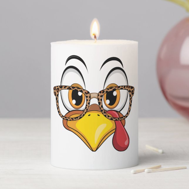  Cartoon Turkey Face with Leopard Glasses Pillar Candle (In Situ)